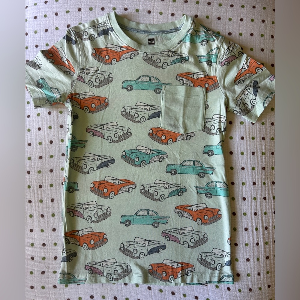 Tea Collection Mint Short Sleeve Tee with Vintage Car Print